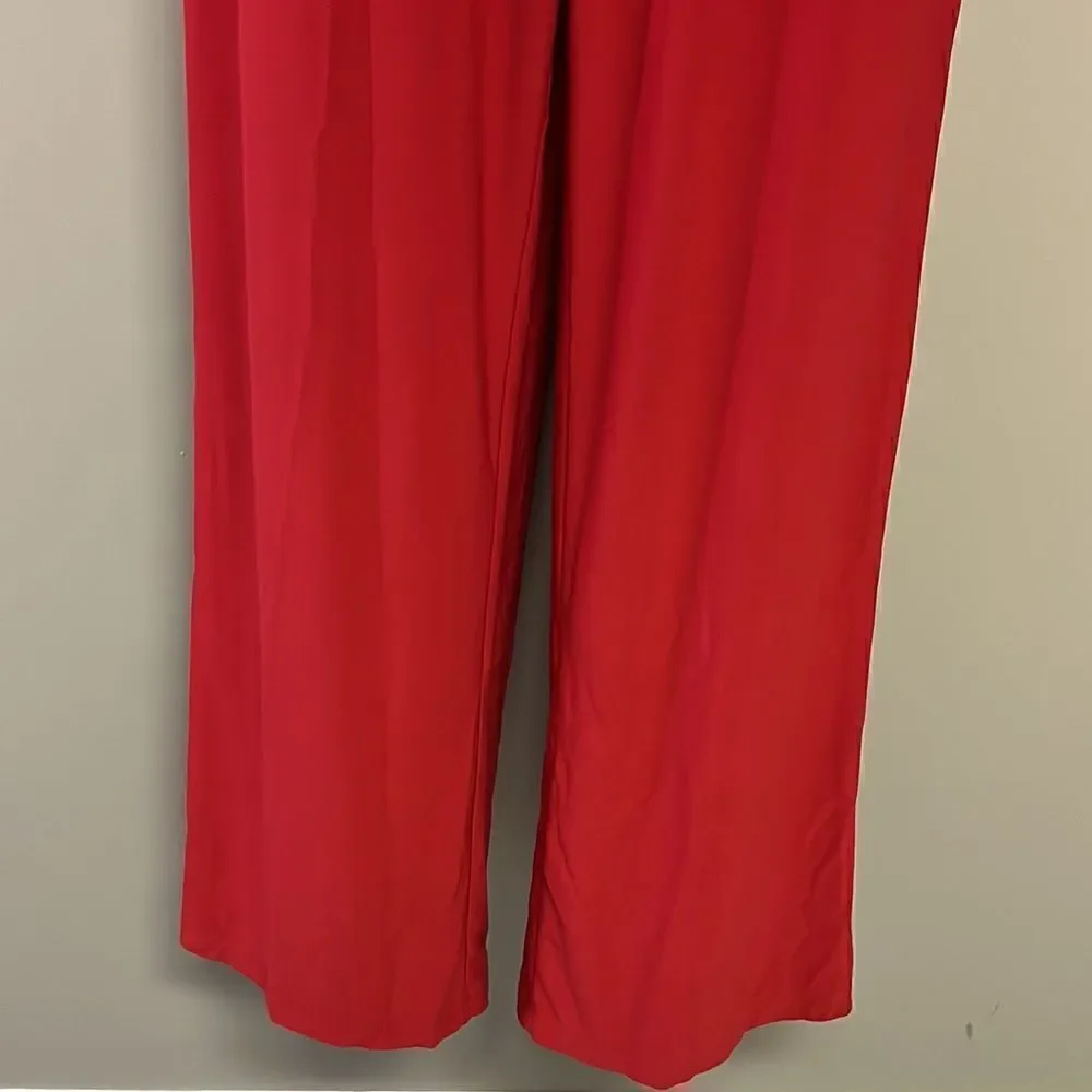 Bebe Red V-Neck Sleeveless Ruffled Wide Leg Back Zip-Up Jumpsuit- Size 6